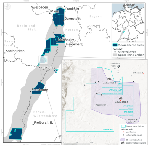 Figure 7: Vulcanâ€™s license areas in the Upper Rhine Valley Brine Field with an exploded view (bottom right) showing the Companyâ€™s granted lithium production licences at Lionheart