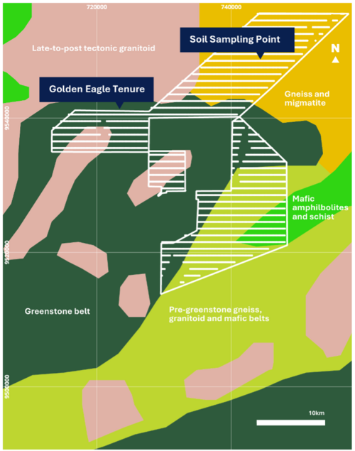 Figure 3: Golden Frontier geological interpretation and soil sampling locations